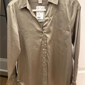 H&M Satin Button-Up Blouse in Light Taupe